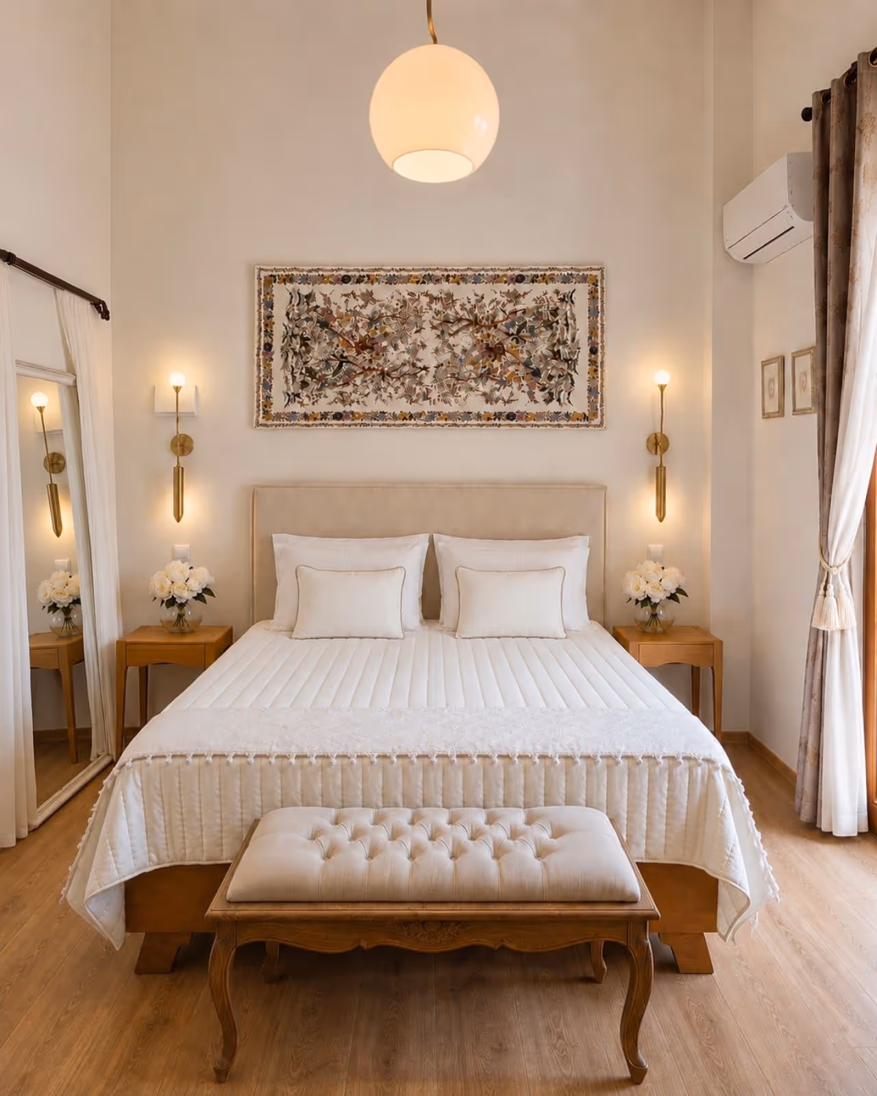 Elegant bedroom with a neatly made bed, beige tufted bench, floral artwork, and soft lighting.