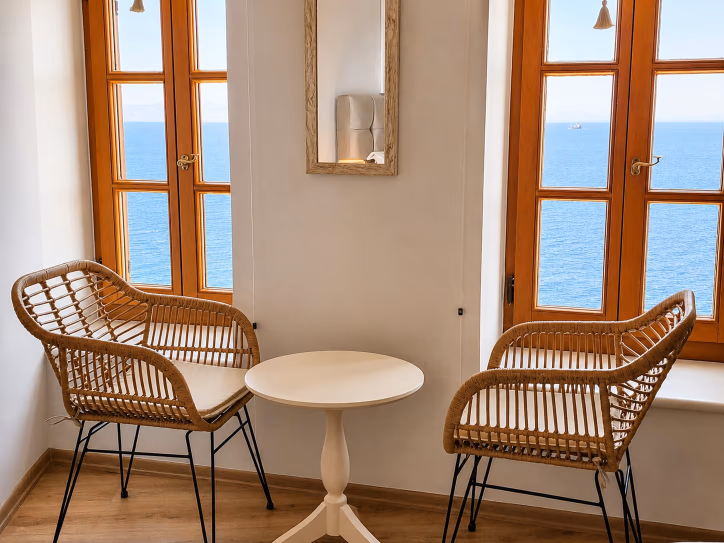 Two wicker chairs with cushions around a small white table by windows overlooking the ocean.